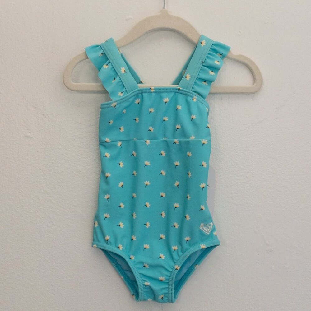 Roxy Girl Blue Floral Ruffle Strap One-Piece Swimsuit Size 2 Baby